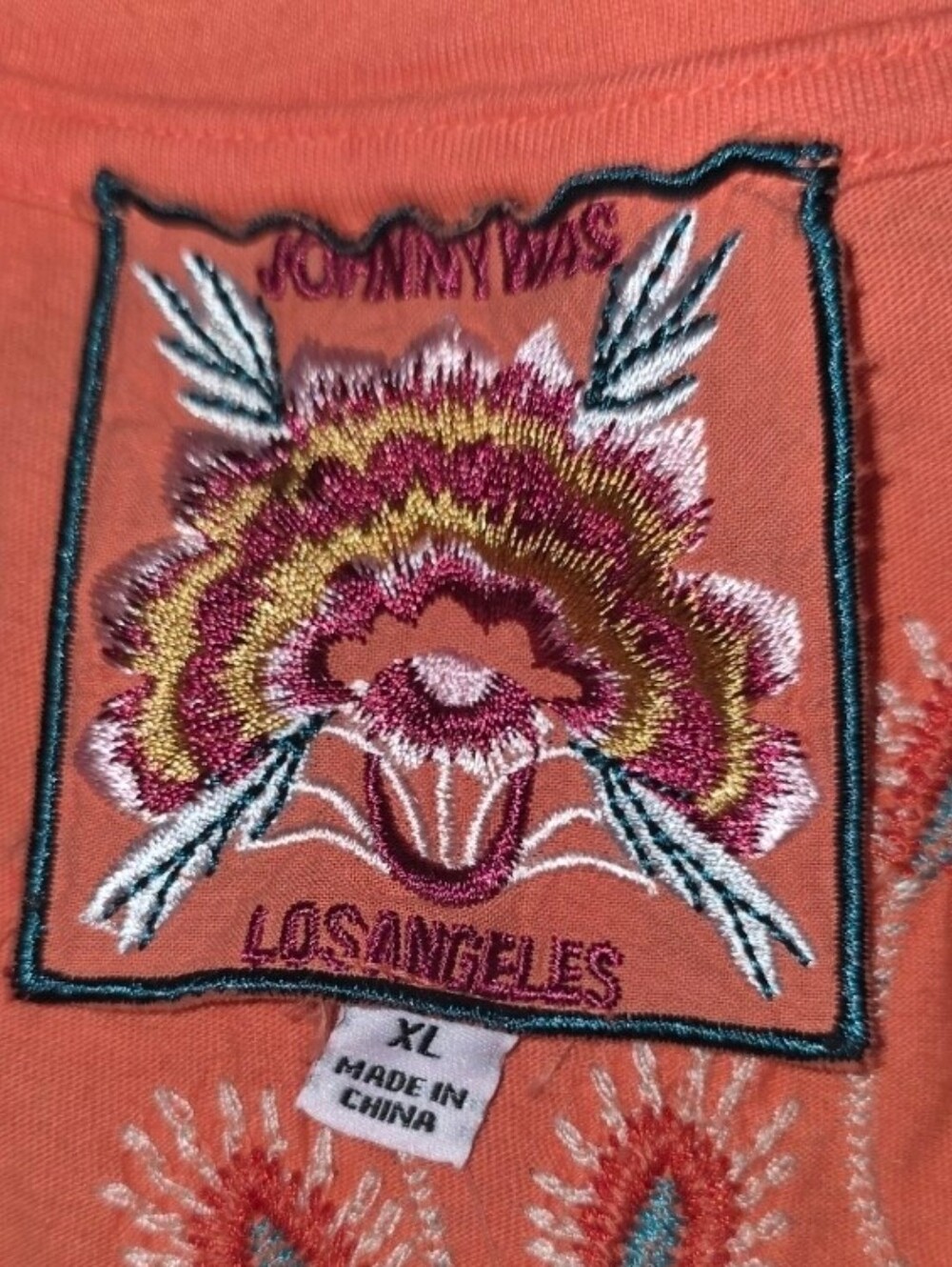 Johnny Was XL Short Sleeve Tops Tunic Coral With Embroidered Peacock NWT - Picture 9 of 9